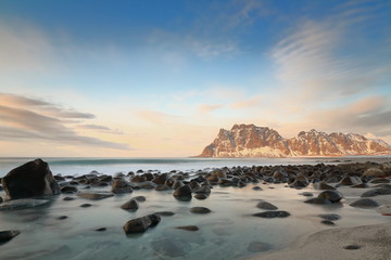 Utakleiv beach-NEwards view to mounts lining Steinsfjorden N.shore. Vestvagoya-Nordland fylke-Norway. 0191