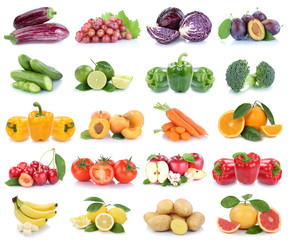 Obst und Gemüse Früchte Apfel Tomaten Bananen Orangen Zitrone Farben Collage Freisteller freigestellt isoliert