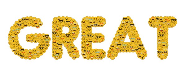 The word great written in social media emoji smiley characters
