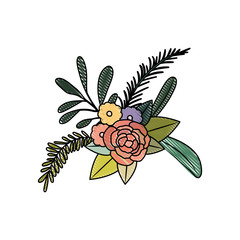 white background with colored crayon silhouette floral ornament with several flowers and branches