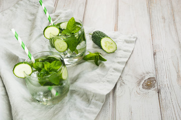 Summer refreshing detox cocktail. Water with cucumber,mint and ice in glass on a white wooden background. Rustic style.