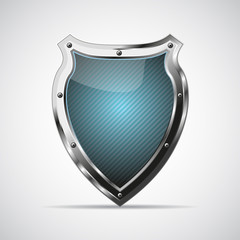 Metal blue shield with shadow on a gray background. Vector illustration