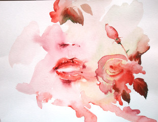 the girl's face and roses