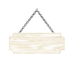 Wooden sign hanging on a chain isolated on white  background
