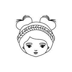 monochrome silhouette of caricature front view face woman with double bun collected and braided hairstyle