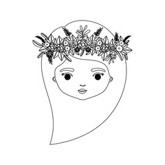 monochrome silhouette of caricature front view face woman with long side hairstyle and crown decorate with flowers