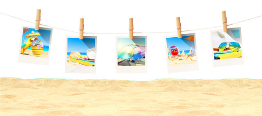 Schöner Strand mit Polaroid Fotos - Urlaub Konzept