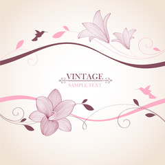 Fototapeta na wymiar Vintage floral background. Beautiful frame with flowers lily and bird. Element for design.