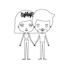 monochrome silhouette of caricature couple standing and both with pants and her with short hair and floral crown and him with van dyke beard