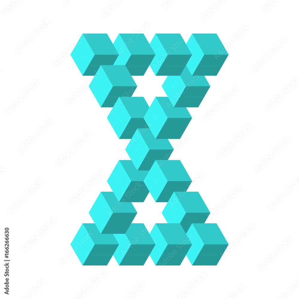 Sticker two connected impossible triangles in turquoise blue. 3d cubes arranged as geometric optical illusio