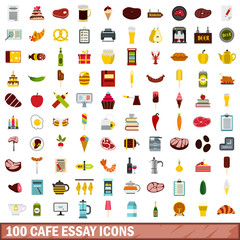 100 cafe essay icons set, flat style