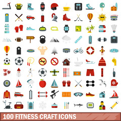 100 fitness craft icons set, flat style