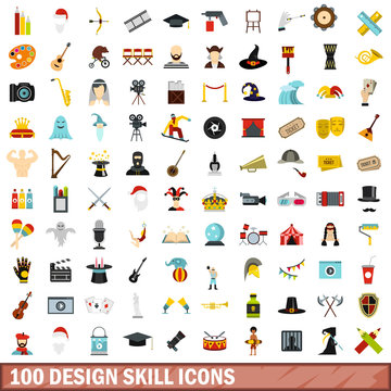 100 design skill icons set, flat style