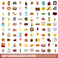 100 tavern essay icons set, flat style