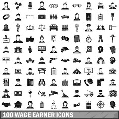 100 wage earner icons set, simple style 