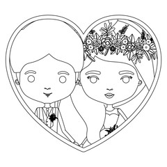 monochrome silhouette heart shape portrait caricature of newly married couple groom with formal wear and bride with wavy side long hairstyle