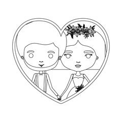 monochrome silhouette heart shape portrait caricature of newly married couple groom with formal wear and bride with straight short hairstyle