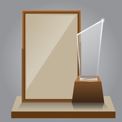 3d Vector glass star trophy with base and blank frame for copyspace front view isolated on white background. Vector