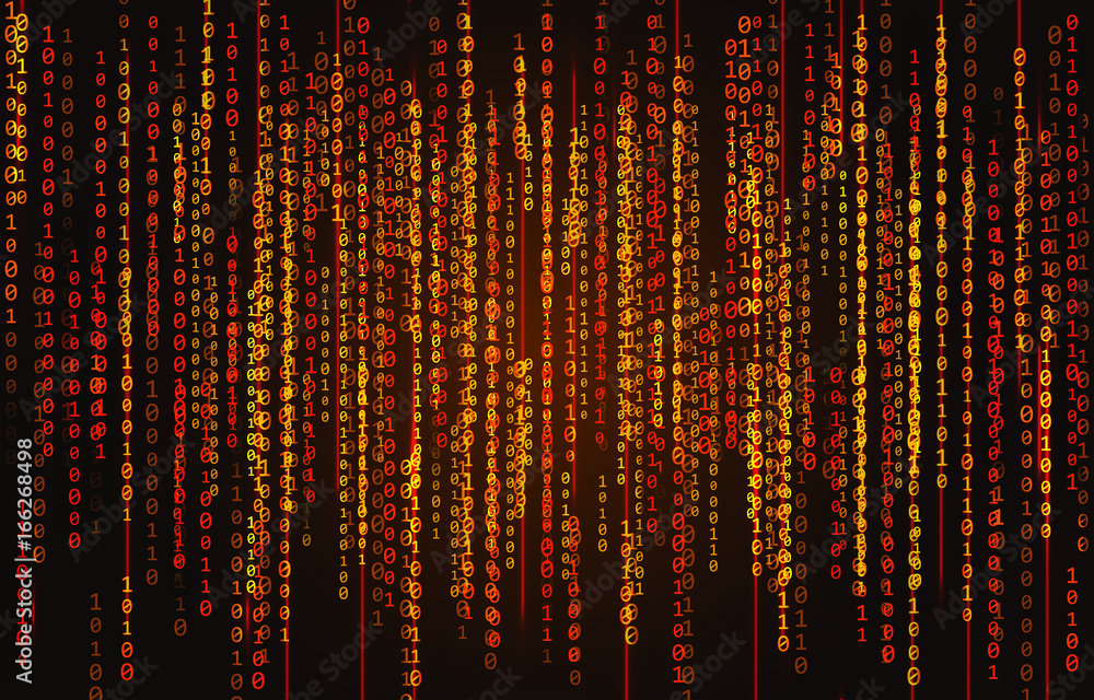 Poster red neon binary code on a black background