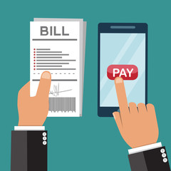 Hand holding smartphone with Bill ,  Mobile payment concept. Payment background design - vector illustration