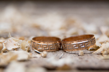 Golden wedding rings with wood chip flakes focus selected