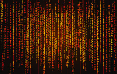 Red neon binary code on a black background