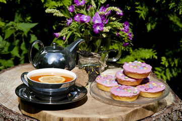 Afternoon tea and biscuits, and pink flowers in the garden