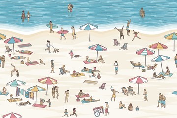 Seamless banner of tiny people at the beach, can be tiled horizontally: a diverse collection of small hand drawn men, women and kids playing, sunbathing and walking at the beach - 166270837