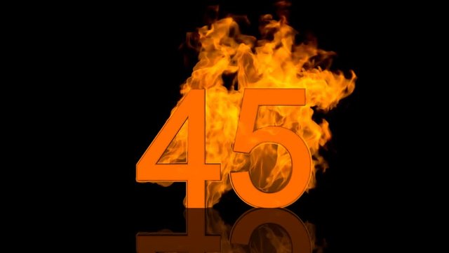 Flaming Number Forty Five Burning in Orange Fire Centred on Black Background in Concept Image