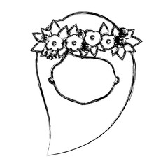 monochrome blurred silhouette of caricature faceless woman with long side hairstyle and crown decorate with flowers