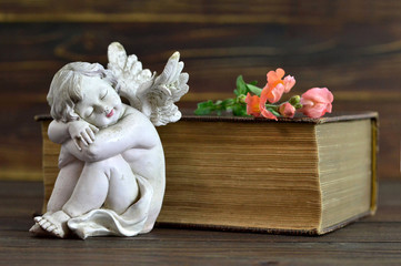 Angel, flowers and old book