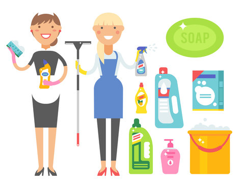 Cleanser woman chemical housework product care wash equipment cleaning liquid flat vector illustration.