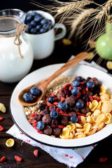 Healthy breakfast of cornflakes, chocolate balls, oatmeal, goji berries and fresh blueberries.
