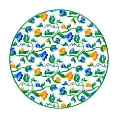 Floral background with small blue and yellow gradient color flowers inside the circle form. White background. Vector illustration.