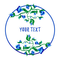 Floral background with small blue gradient color flowers inside the circle form. White background. Your text. Vector illustration.