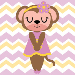 Cute monkey girl sleeps on chevron background vector cartoon illustration for kid t shirt design, nursery wall, and wallpaper