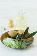 Close-up of olive herb,cosmetic oil and bowl with salt crystals
