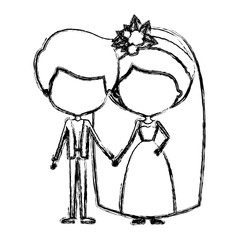 monochrome blurred silhouette of caricature faceless newly married couple groom with formal wear and bride with collected hairstyle