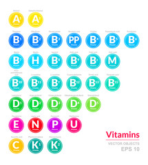 Icon set of button with all vitamins. Medical vector illustration. Pills capsule with color coding for your design. Healthy lifestyle and diet. Infographic poster in flat style