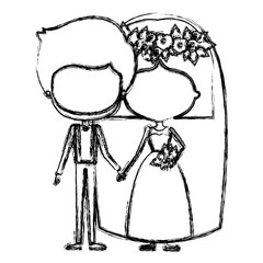 monochrome blurred silhouette of caricature faceless newly married couple groom with formal wear and bride with straight short hairstyle