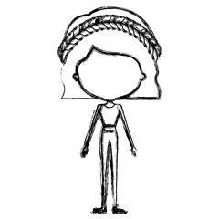 monochrome blurred silhouette caricature of skinny faceless woman in clothes with wavy short hairstyle and braid