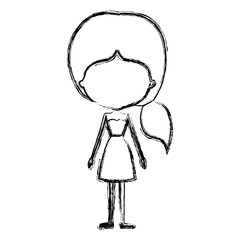 monochrome blurred silhouette caricature of skinny faceless woman in dress with side ponytail hairstyle