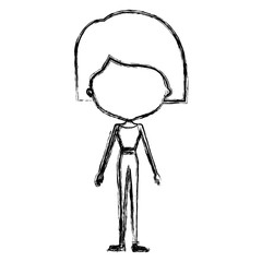 monochrome blurred silhouette caricature of skinny faceless woman in clothes with short straight hairstyle