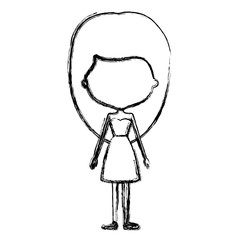monochrome blurred silhouette caricature of skinny faceless woman in dress with medium hairstyle