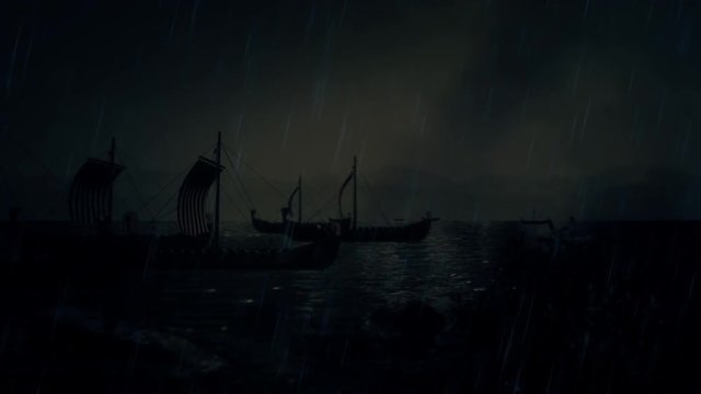 Viking Ships Sailing to Shore Under a Storm