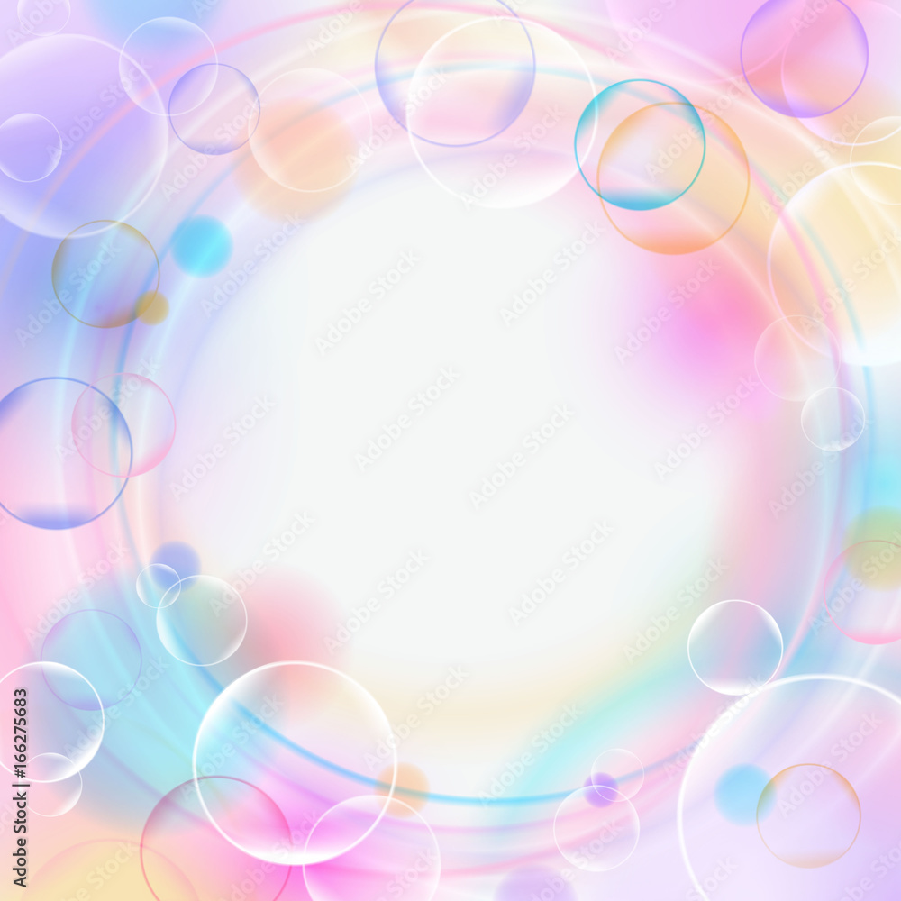 Poster colorful background with bubbles, lights, circles and empty space. pastel color backdrop. vector ill