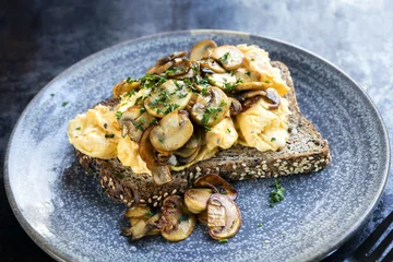 Zelfklevend Fotobehang Scrambled Eggs and Mushrooms on Toast © robynmac