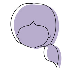 silhouette lilac color shadow of contour caricature closeup front view faceless woman with side ponytail hairstyle