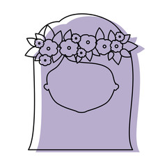 silhouette lilac color shadow of contour caricature closeup front view faceless woman with straigh medium hairstyle and crown decorate with flowers