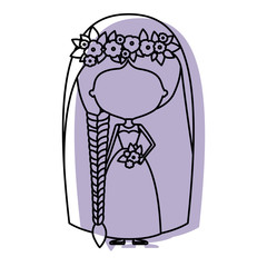 silhouette lilac color shadow of contour caricature faceless woman in wedding dress with braids hairstyle